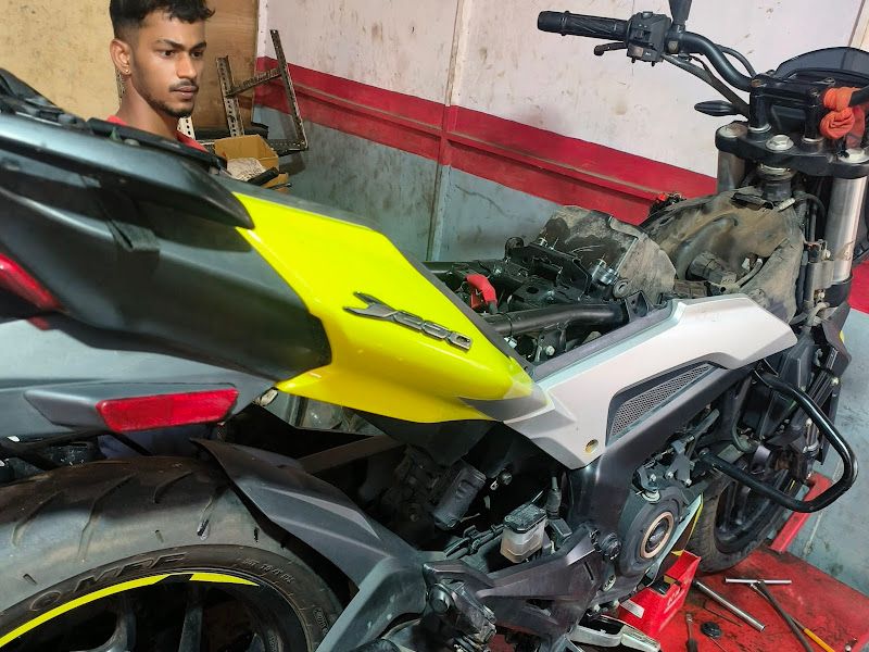 Mechanic working on a sports bike inside the workshop — The Bike Shoppy, Vashi, Navi Mumbai