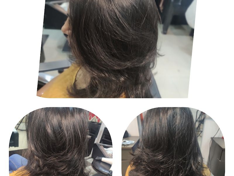 Before/after style collage of a layered mid-length cut with bouncy blow-dry finish, shown from multiple angles. — The Rush Family Salon, Airoli, Navi Mumbai