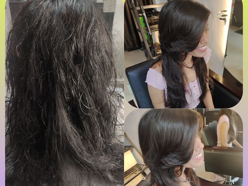 Before/after collage — frizzy dry hair transformed into a smooth, voluminous blow-dry/treatment result. — The Rush Family Salon, Airoli, Navi Mumbai