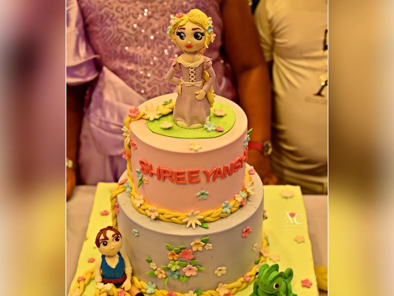 Theme cake — two-tier Rapunzel / Tangled birthday cake with fondant figures and floral piping — Arya Events Planner, Kharghar, Navi Mumbai