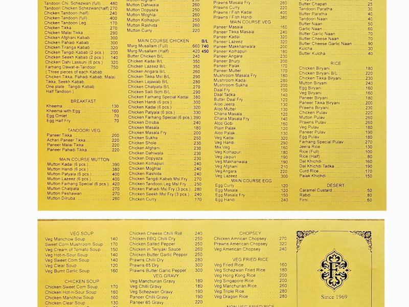 Menu — Farhang Restaurant, Mumbai
