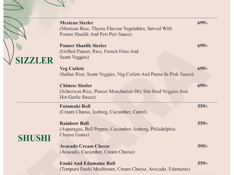 Menu — Tiara Rooftop Lounge & Cafe, Mumbai