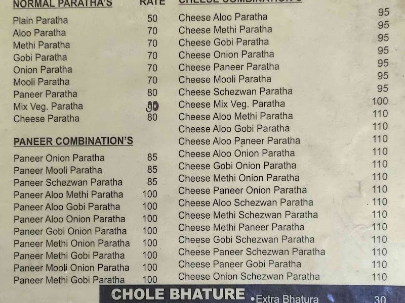 Menu — Punjabi Paratha Junction, Pimpri-Chinchwad