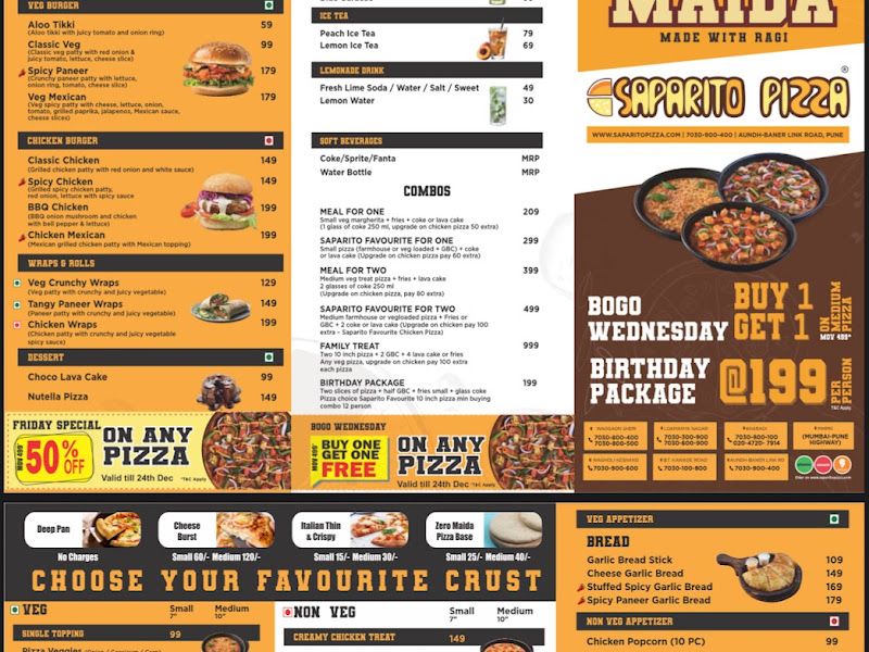 Menu — Saparito Pizza, Pune