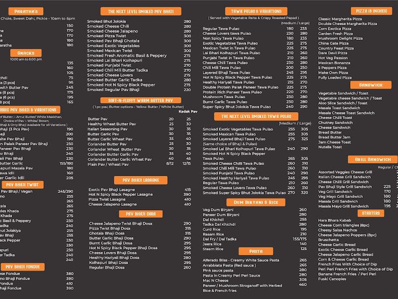 Menu — Pav Bhaji Klub, Mumbai