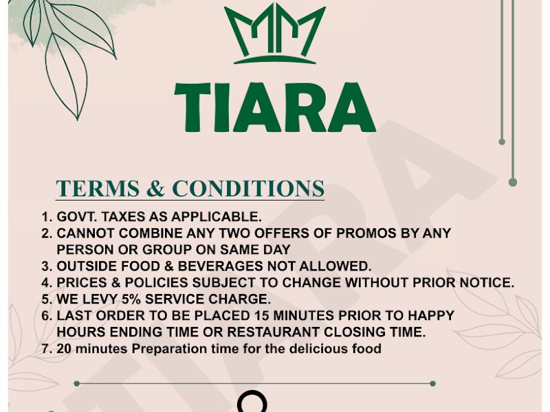 Menu — Tiara Rooftop Lounge & Cafe, Mumbai