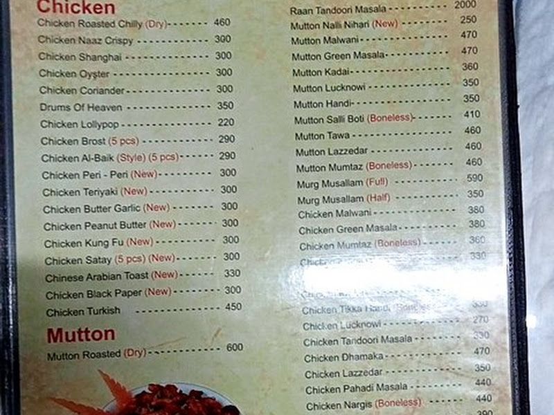 Menu — Naaz Restaurant, Mumbai