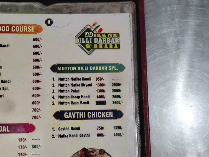 Menu — Dilli Darbar Dhaba, Bhiwandi