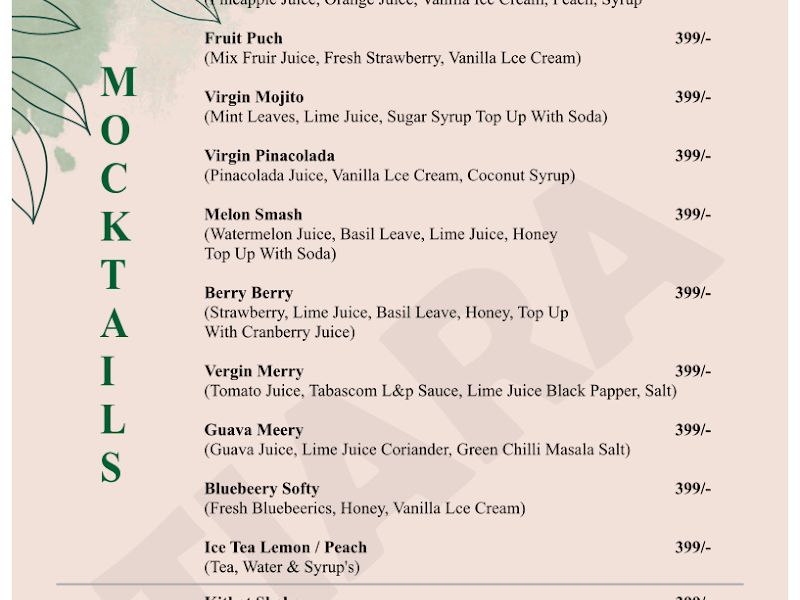 Menu — Tiara Rooftop Lounge & Cafe, Mumbai