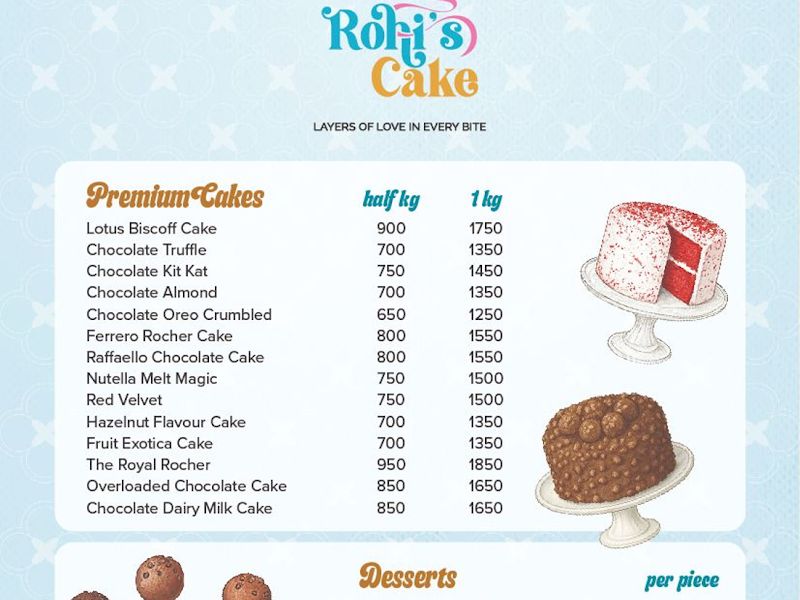 Menu — Rohi's Cake, Dombivali