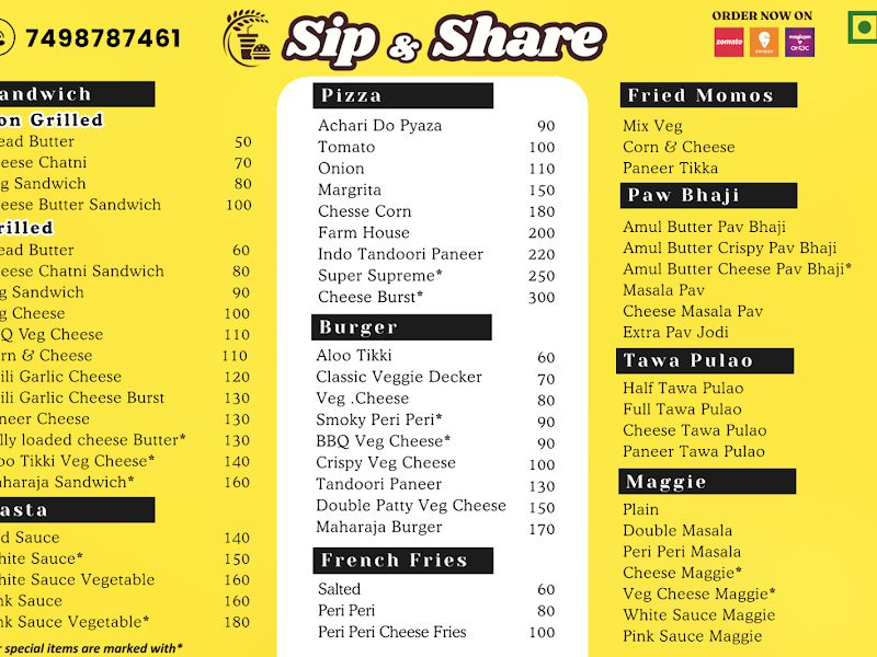 Menu — Sip & Share, Pimpri-Chinchwad