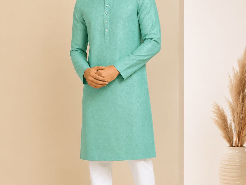 Men's mint cotton kurta with white churidar — from the men's ethnic line. — Vastradrobe, Golf Course Road, Gurgaon