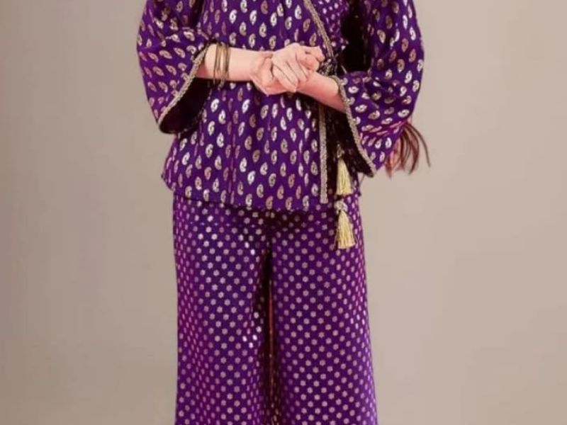 Women's printed ethnic co-ord set in purple — kurti and palazzo from the ethnic range. — Vastradrobe, Golf Course Road, Gurgaon