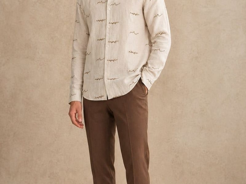 Men's cream casual shirt with brown trousers — relaxed everyday menswear. — Vastradrobe, Golf Course Road, Gurgaon