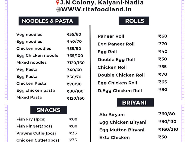 Menu — RITA FOODLAND RESTAURANT, Kalyani