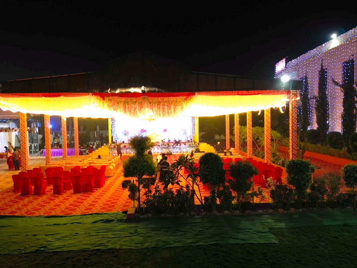 Decorated stage setup for a wedding at Shree Bhardwaj Garden & Resort