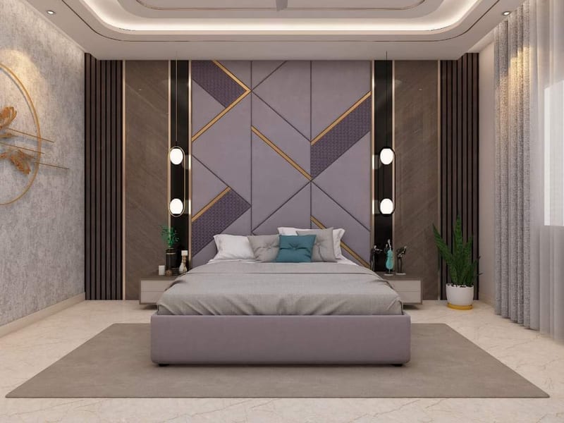 Modern bedroom with bed, geometric wall panel, bedside tables and layered lighting